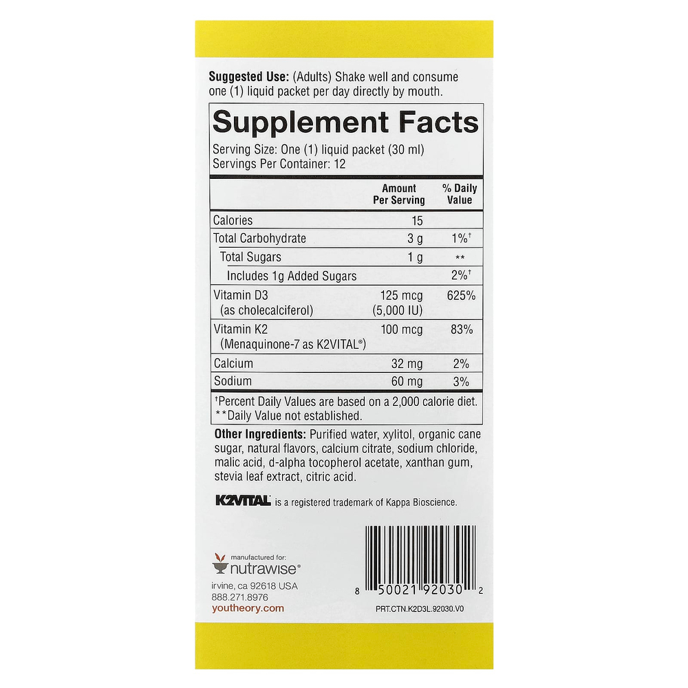 Youtheory, Liquid K2 D3 On Th Go, персик, 12 пакетиков по 30 мл (1 жидк. Унция)