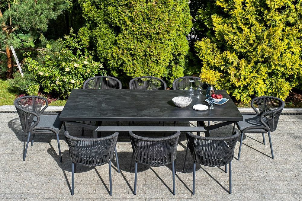 "Милан" стул плетеный из роупа, каркас алюминий темно-серый (RAL7024) муар, роуп темно-серый круглый, ткань темно-серая 027