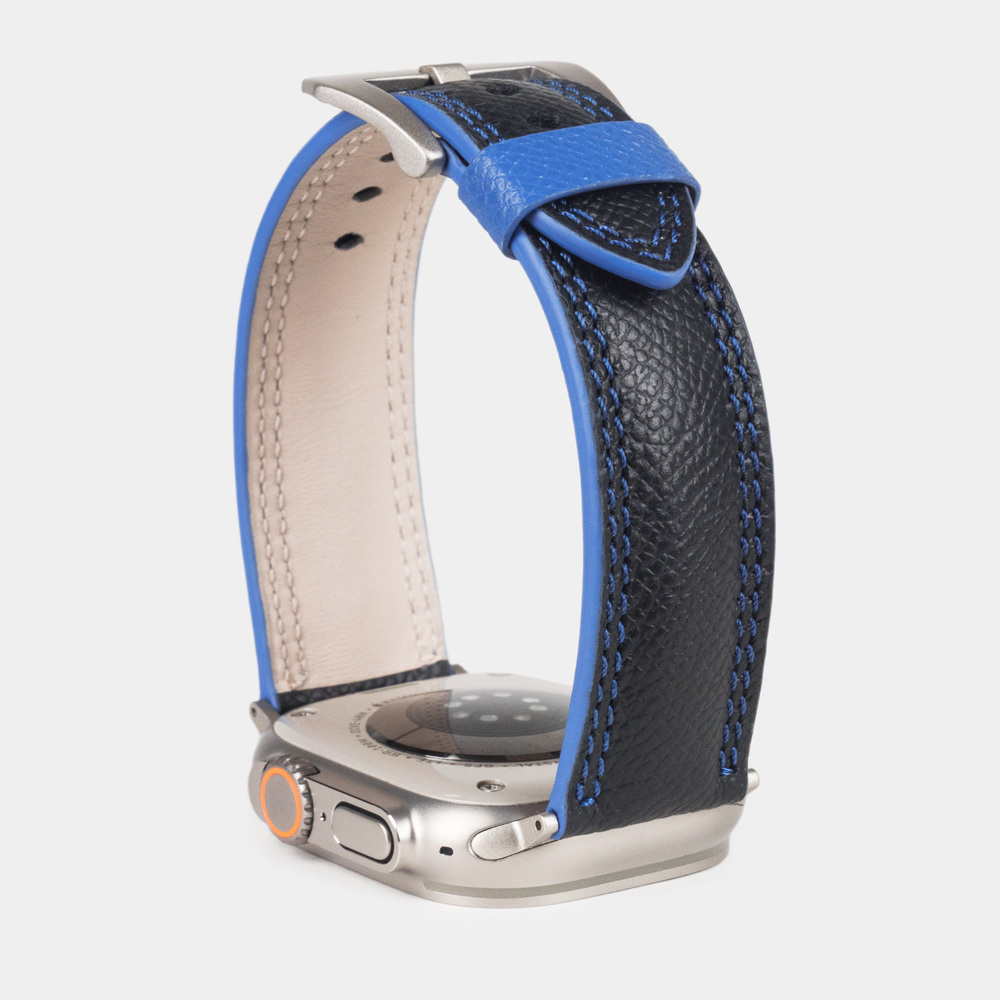Ремешок для Apple Watch Ultra 49mm из кожи черного цвета Saffiano с синей строчкой
