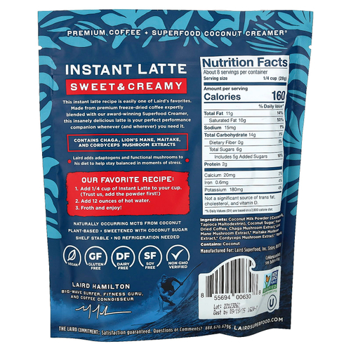 Laird Superfood, растворимый латте, кофе со сливками и адаптогенами, сладкий и сливочный, 227 г (8 унций)