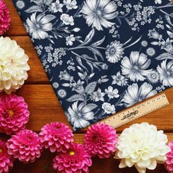 Ткань барби монохромные цветы на синем