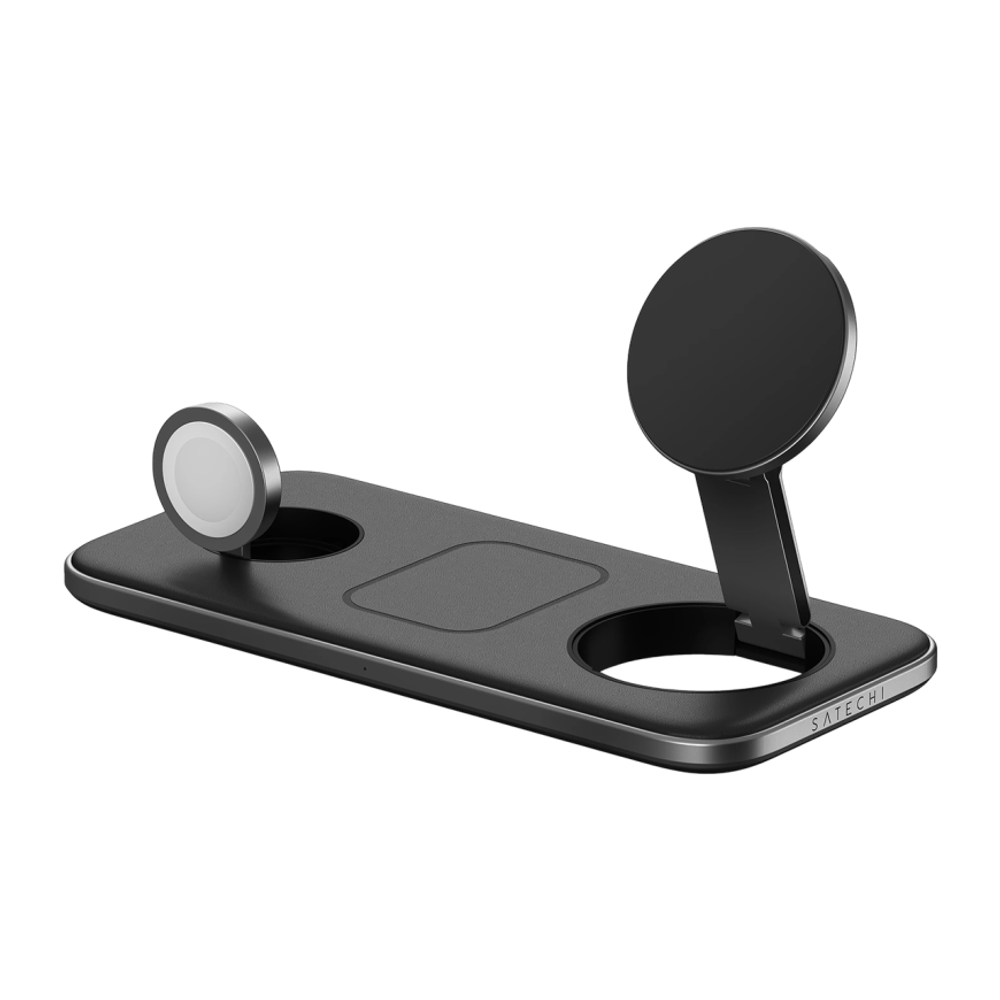 Зарядная станция MagSafe Satechi для iPhone, Apple Watch и AirPods (Qi2) (ST-QTPM-EA) Беспроводная зарядка: Qi 15 Вт, Qi 5 Вт, магнитное крепление для быстрой зарядки Apple Watch (Qi 5 Вт). Проводная зарядка: нет. Сертификации MFi и Qi2. Есть LED-индикаци