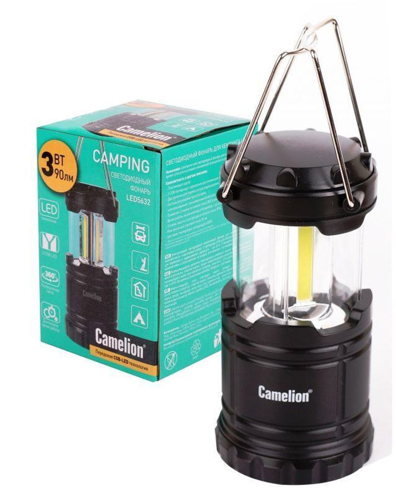 Фонарь кемпинговый LED5632 3COB LED элементы питания 3хAAA/R03 (не в компл.) пластик. черн. (кор) Camelion 13368 Фонарь кемпинговый LED5632 3COB LED элементы питания 3хAAA/R03 (не в компл.) пластик. черн. (кор) Camelion 13368