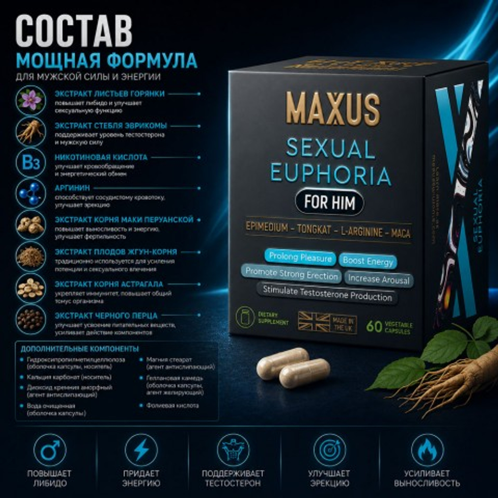 MAXUS БАД Sexual Euphoria for him (Сексуальная Эйфория для него), 60 капсул