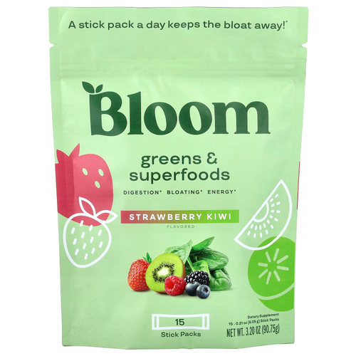 Bloom, зелень и суперфуды, клубника и киви, 15 пакетиков по 6,05 г (0,21 унции)