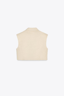 ZARA УКОРОЧЕННЫЙ ЖИЛЕТ ИЗ СМЕСОВОГО ЛЬНА, СВЕТЛО-БЕЖЕВЫЙ