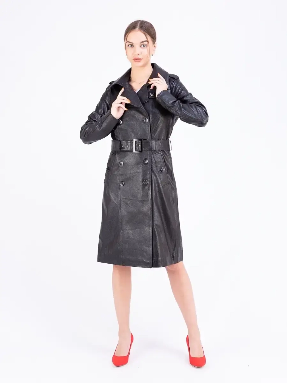 Тренч длинный кожаный с поясом плащ на весну