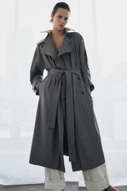 ZARA КОМБИНИРОВАННЫЙ ТРЕНЧ В КЛЕТКУ — ZW COLLECTION LIMITED EDITION, СЕРЫЙ