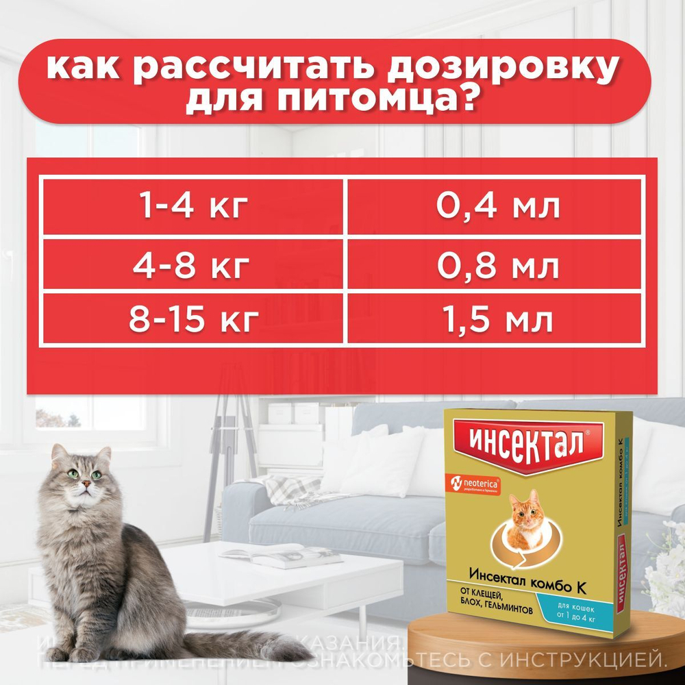 Капли на холку от клещей, блох и гельминтов для кошек от 1-4 кг Инсектал комбо К (Neoterica), 1 пипетка Фипронил/Моксидектин