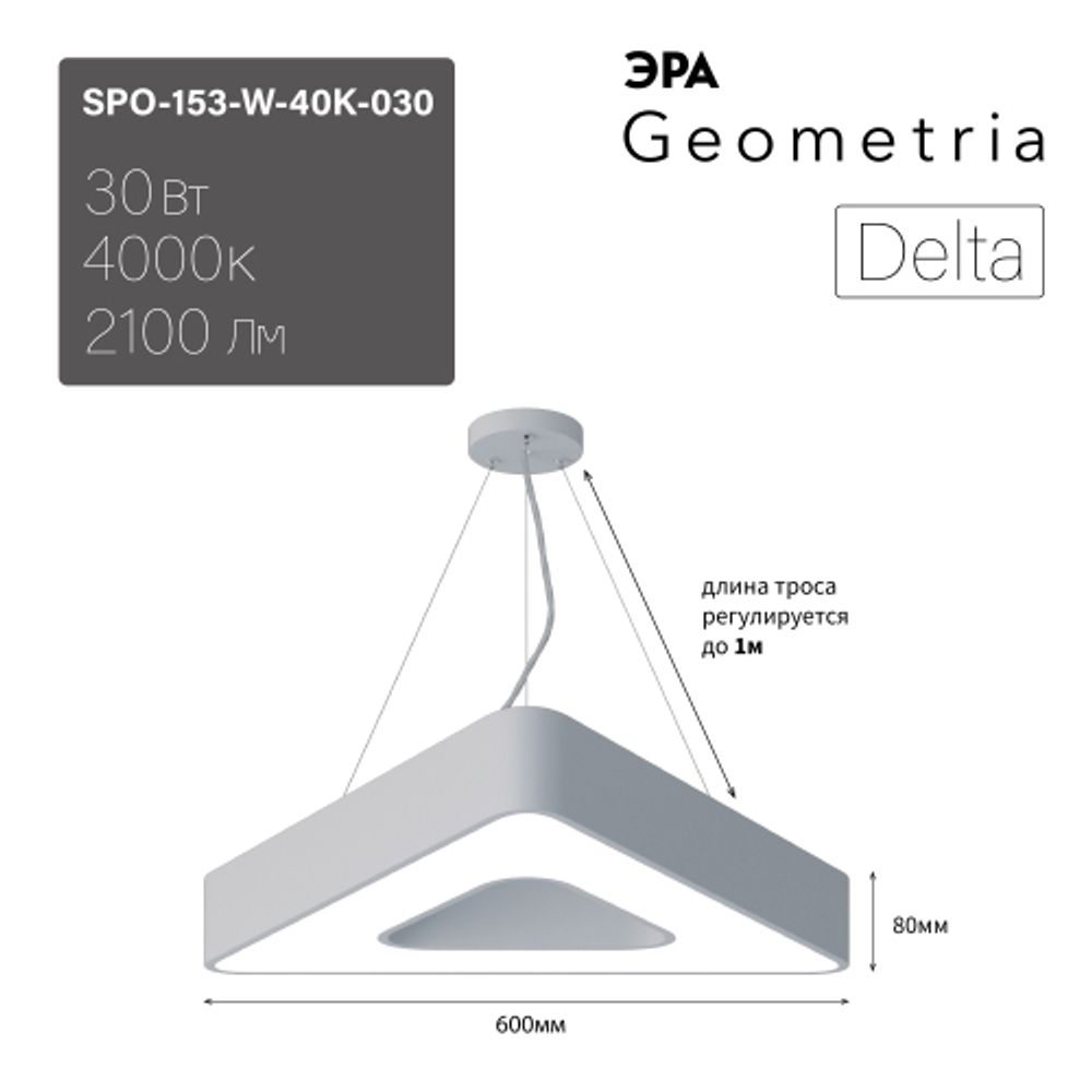 Светильник LED ЭРА Geometria SPO-153-W-40K-030 Delta 30Вт 4000К 2100Лм IP40 600*600*80 белый подвесной | Декоративные светильники Geometria