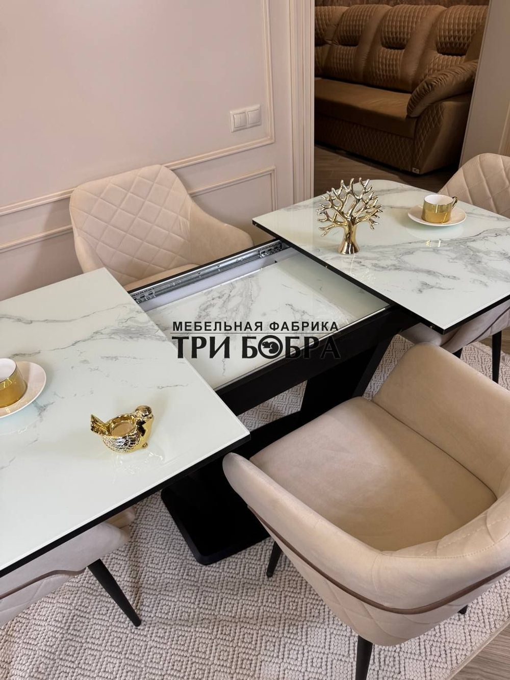 Кухонный раскладной стол "Прадо" белый мрамор и 4 стула ШЕЛЛ