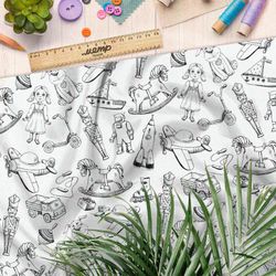 Ткань шелк Армани эскизы детских игрушек на бежевом фоне