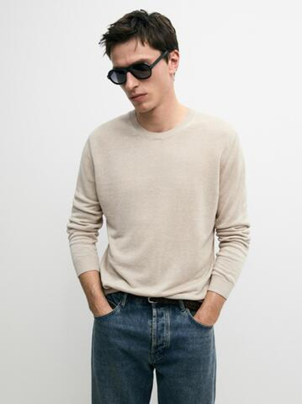 Massimo Dutti Вязаный льняной свитер с круглым вырезом, бежевый