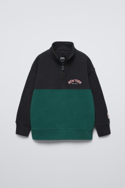 ZARA ХУДИ В СТИЛЕ КОЛОР-БЛОК ИЗ ФЛИСА, ЗЕЛЕНЫЙ/СЕРЫЙ