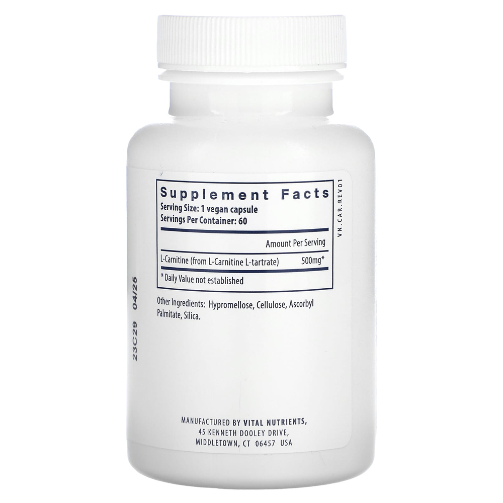 Vital Nutrients, Карнитин, 60 веганских капсул (500 мг на капсулу)