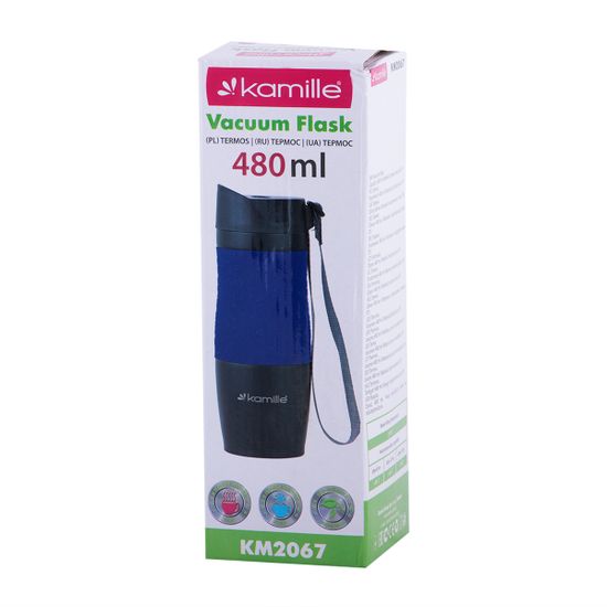 Термокружка 480 мл. из нержавеющей стали Kamille KM-2067 с TPR-вставкой и ремешком