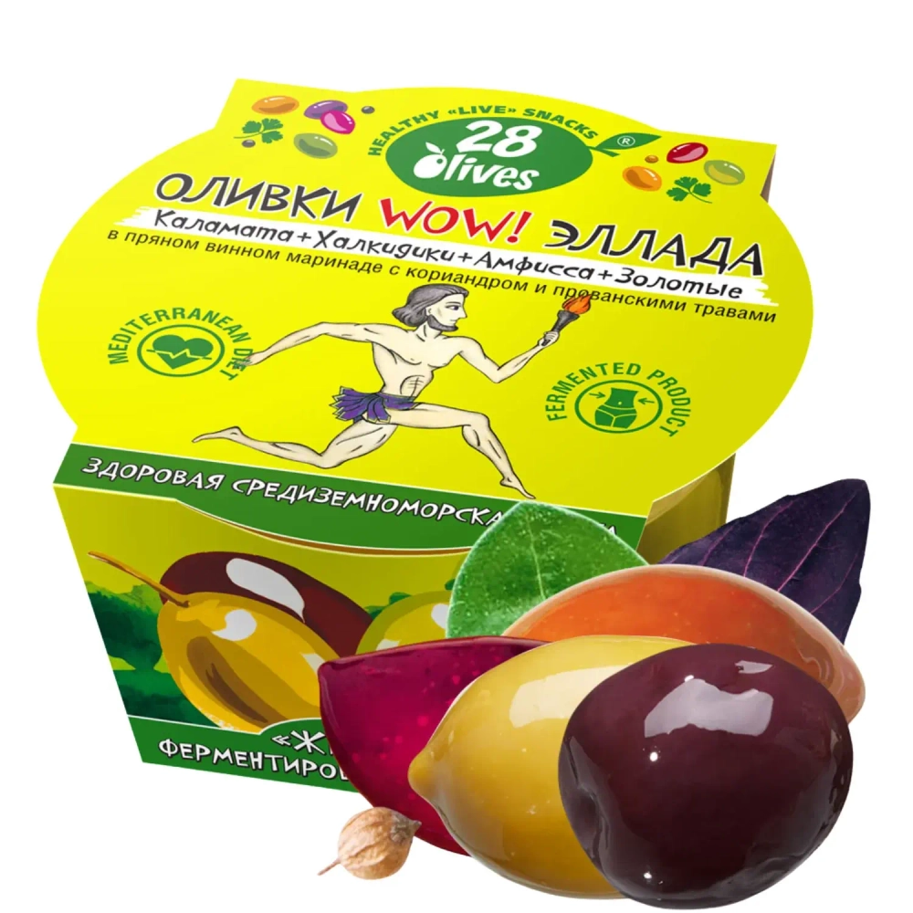 Оливки WOW Эллада в винном маринаде с кориандром и прованскими травами 28Olives, 150 г, упаковка с оливкой