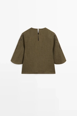 Massimo Dutti БЛУЗКА ИЗ СМЕСОВОЙ ЛЬНЯНОЙ ТКАНИ С ВЫШИВКОЙ, ФИСТАШКОВО-ЗЕЛЕНЫЙ