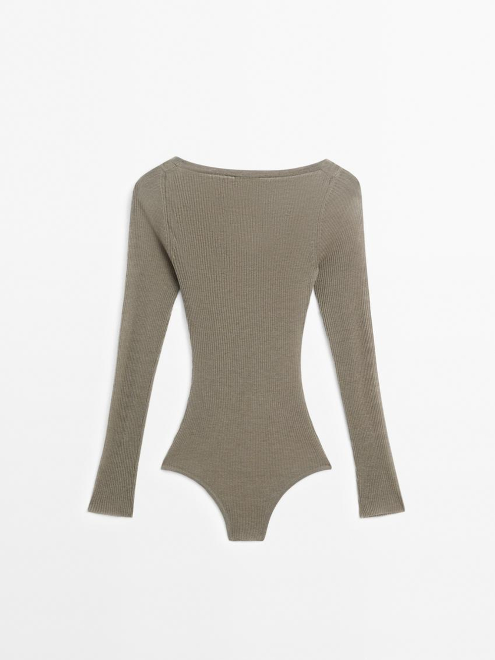 Massimo Dutti Полупрозрачный боди из 100% шерсти - STUDIO, зеленоватый