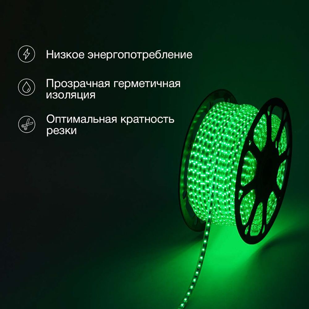 Лента светодиодная 220В, SMD2835, 4,8Вт/м, 60 LED/м, Зеленый, 10х7мм,с кабелем питания, IP67 NEON-NI
