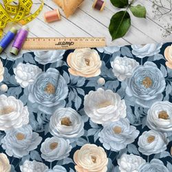 Ткань премиум интерлок пастельные пионы на темном фоне