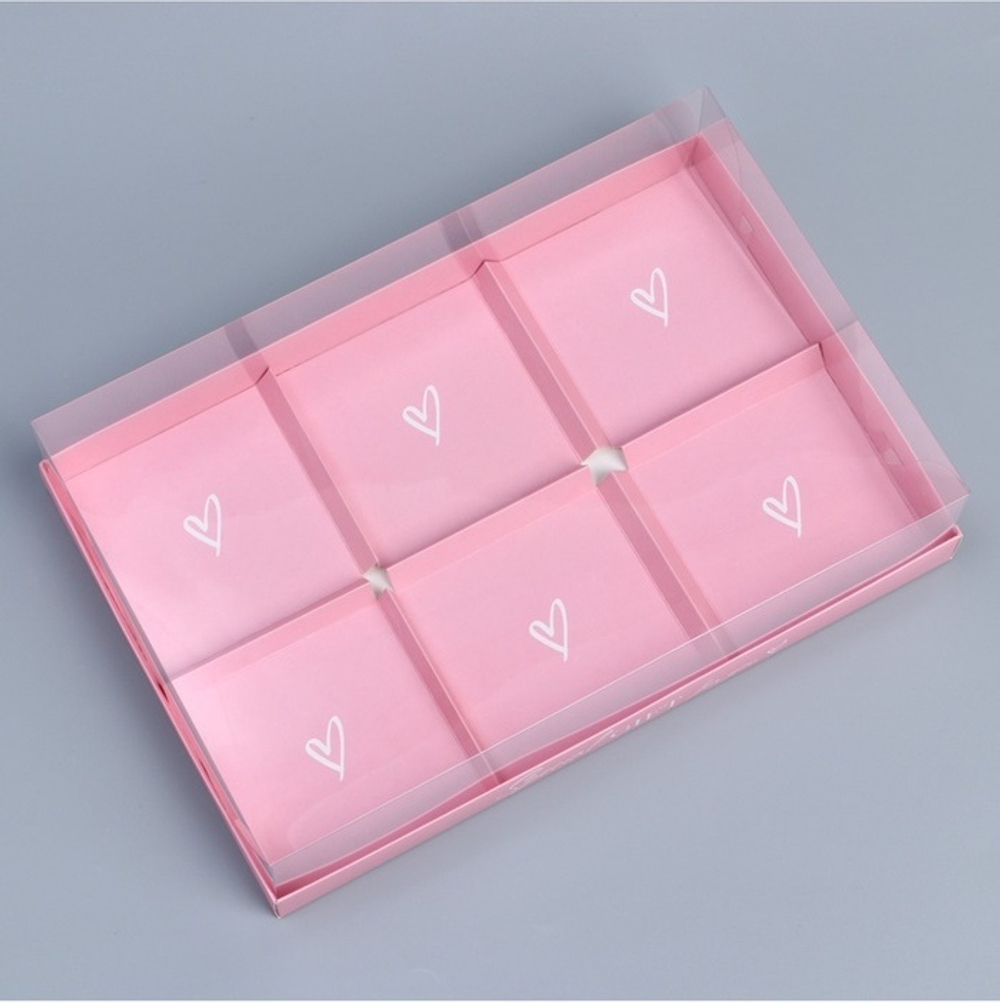 Коробка для 6 муссовых пирожных «Сердечки розовая», 27 х 17.8 х 6.5 см