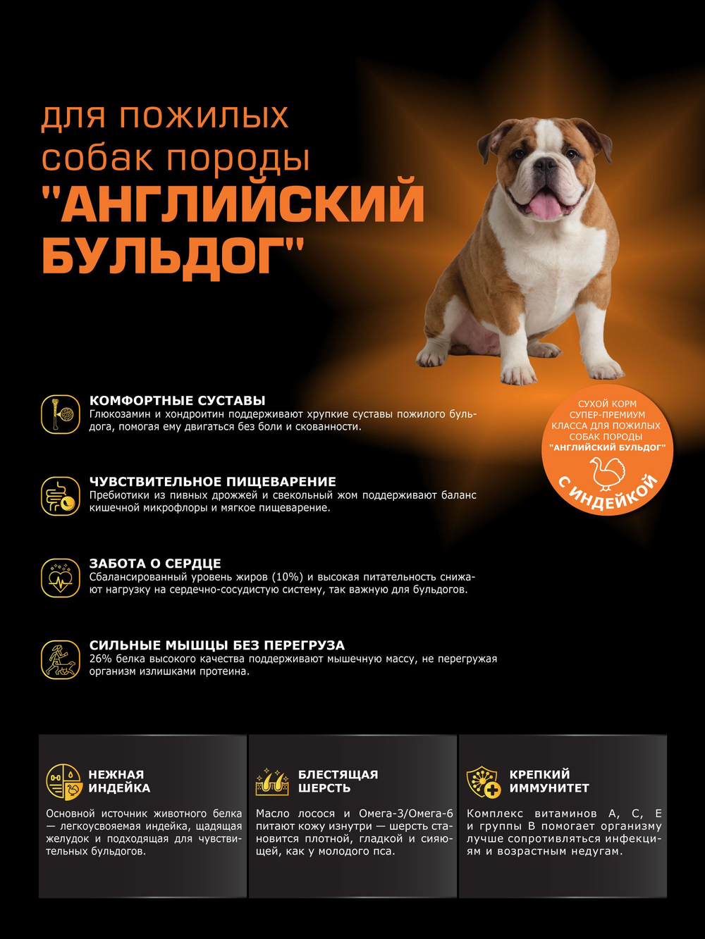 Quattro корм для пожилых собак породы Английский бульдог (5+), с индейкой, 12 кг, QUATTRO