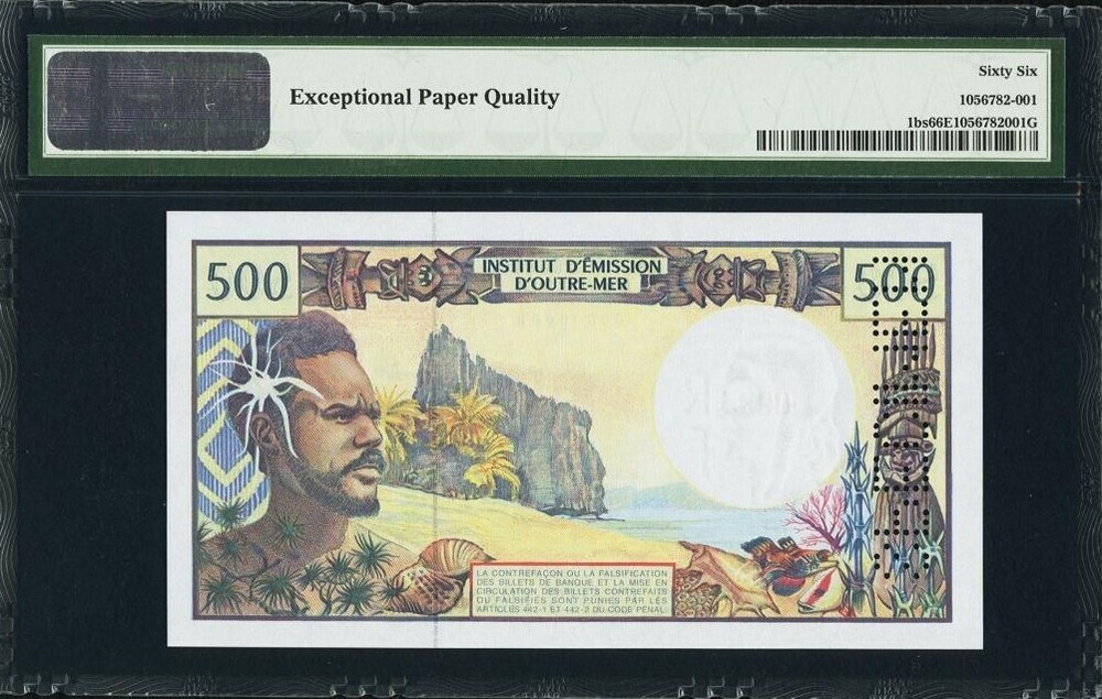 ФРАНЦУЗСКИЕ ТИХООКЕАНСКИЕ ТЕРРИТОРИИ, ND (1992), 500 ФРАНКОВ [SPECIMEN] [СЛАБ PMG 66 EPQ]