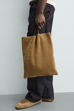 ZARA КОЖАНАЯ СУМКА-ШОПЕР, ТАБАЧНО-КОРИЧНЕВЫЙ