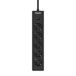 Сетевой фильтр удлинитель Philips CHP2155BB/51 с пятью стандартными розетками EU, с заземлением и защитой от перегрузок, 3 м, черный