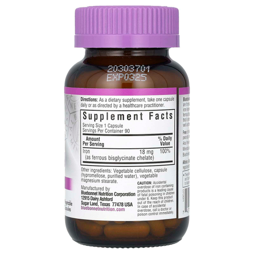 Bluebonnet Nutrition, железо в хелатной форме, 18 мг, 90 растительных капсул