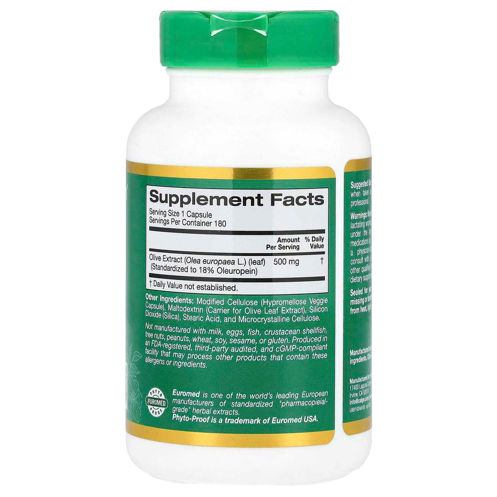 California Gold Nutrition, EuroHerbs™, экстракт листьев оливкового дерева, качество Euromed, 500 мг, 180 растительных капсул
