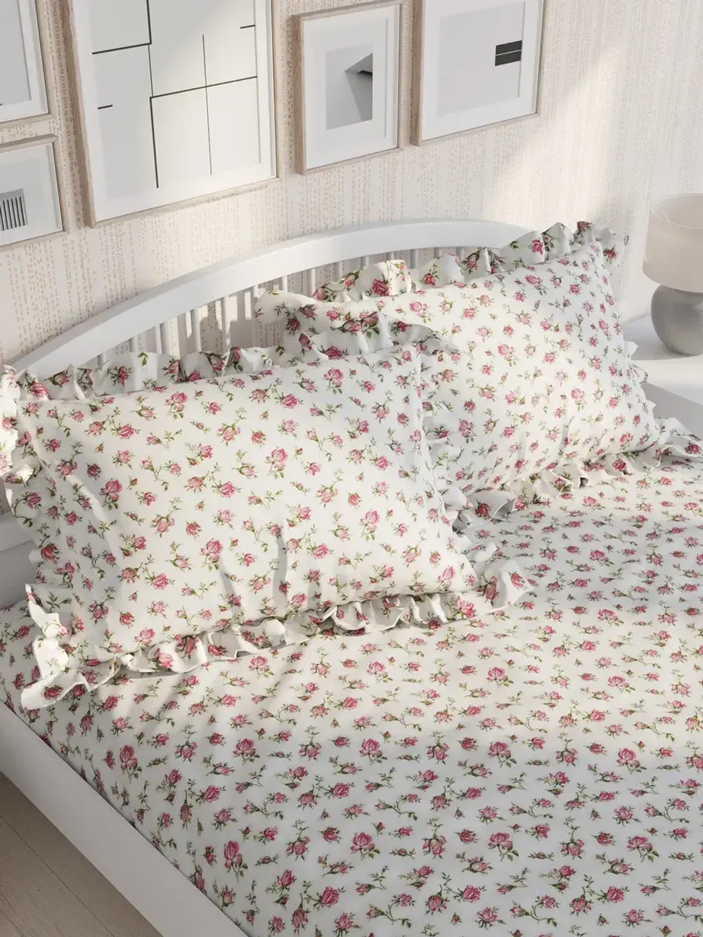 Декоративная наволочка с рюшами, оборками "Розовые бутоны" 50х70 см, 1 шт, без молнии