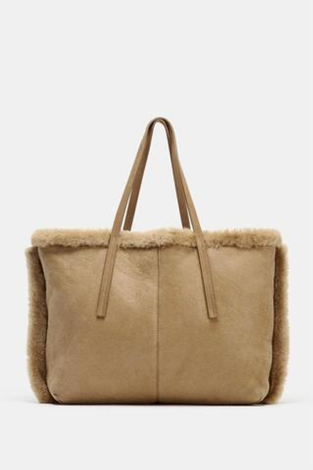 ZARA ДВУСТОРОННЯЯ КОЖАНАЯ СУМКА, ПЕСОЧНЫЙ/КОРИЧНЕВЫЙ