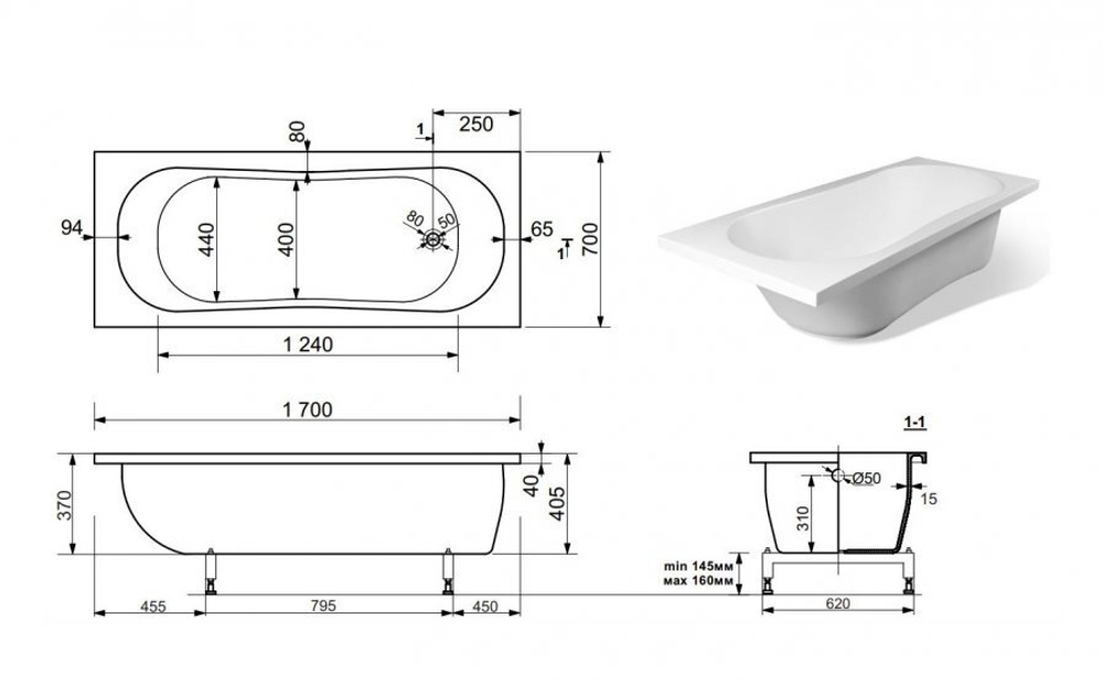Ванна из литьевого мрамора Эстет Лаура 170х70 белая, ФР-00000678
