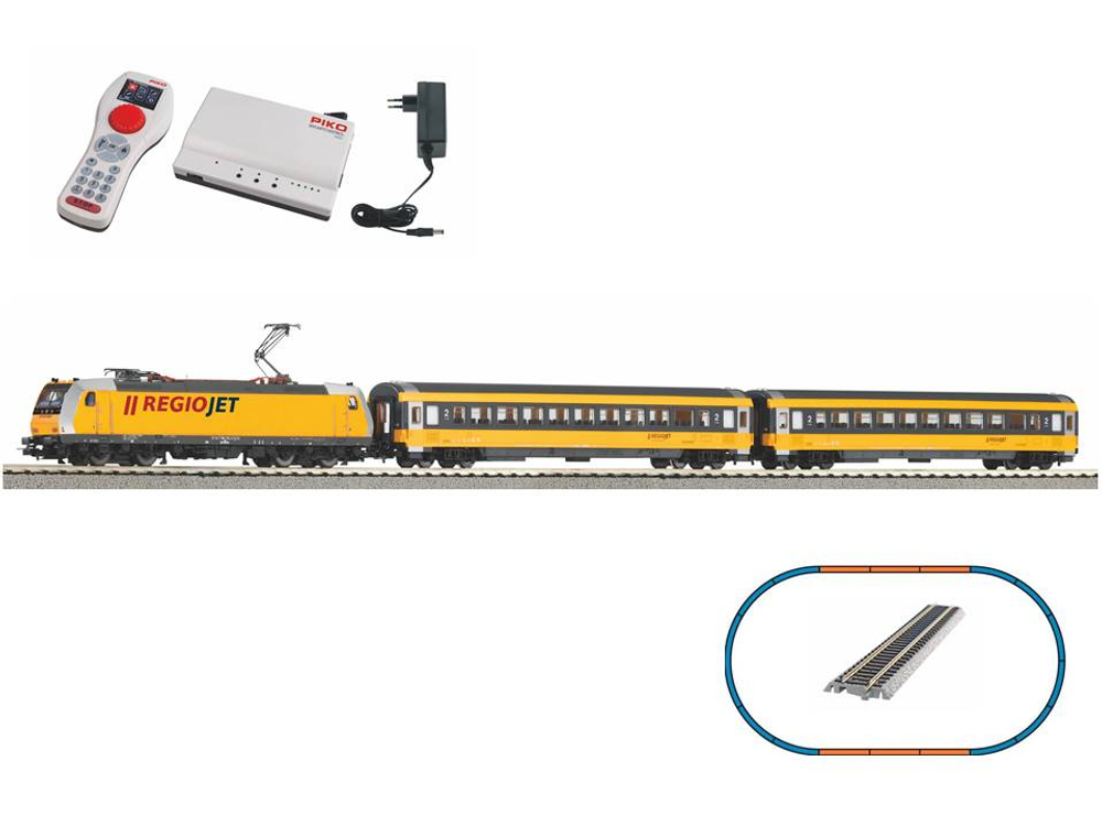 SmartControl WLAN Цифровой набор Электровоз ČZ Regiojet и 2 пассажирских вагона, рельсы на подложке