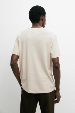 Massimo Dutti Футболка из хлопка и льна с двойным воротом, коричневый