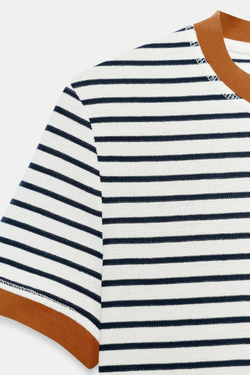 ZARA ФУТБОЛКА В ПОЛОСКУ С КОРОТКИМ РУКАВОМ, ЭКРЮ/ТЕМНО-СИНИЙ