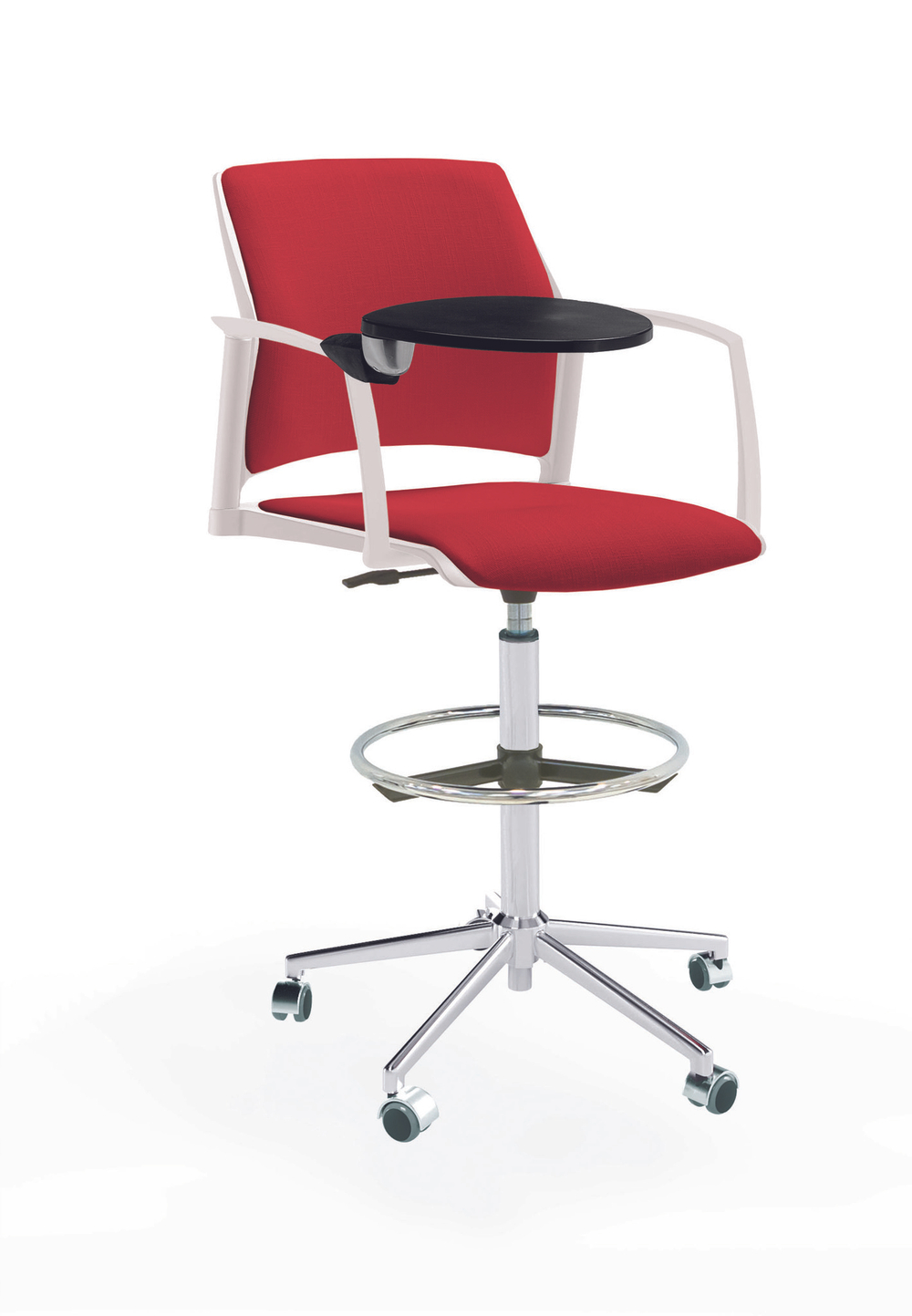 Кресло Rewind каркас хром, пластик белый, база стальная хромированная, с закрытыми подлокотниками и пюпитром, сиденье и спинка красные