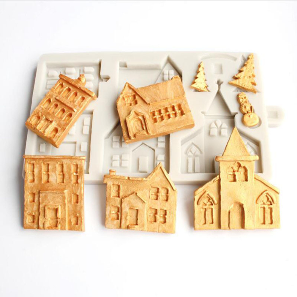 Молд силиконовый прямоугольный "Дома для города, домики, замок, Рождество"