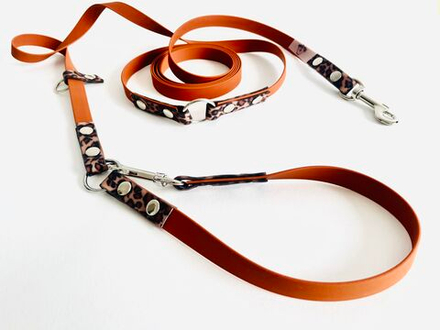 Перестежка для собак коричневая с леопардовым принтом из Биотана , 15 мм ширина , 5 м длина.