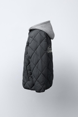 ZARA СТЕГАНАЯ КУРТКА С ОТСТЕГИВАЮЩИМСЯ КАПЮШОНОМ, СВИНЦОВЫЙ