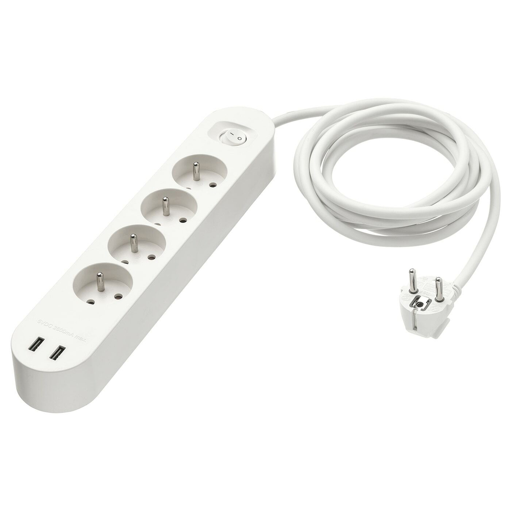 IKEA KOPPLA  (ИКЕА КОППЛА)  -  Удлинительный кабель 4 розетки/2 порта USB, белый, 3,0 м