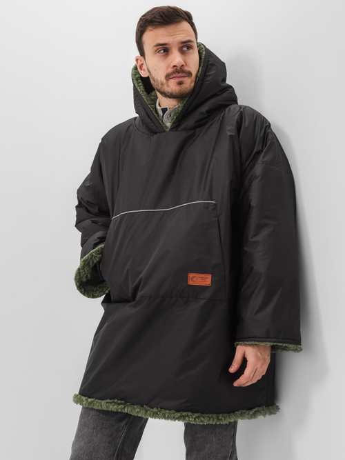 Худи мужское непромокаемое оверсайз на меху из натуральной овечьей шерсти, верх дьюспо черный