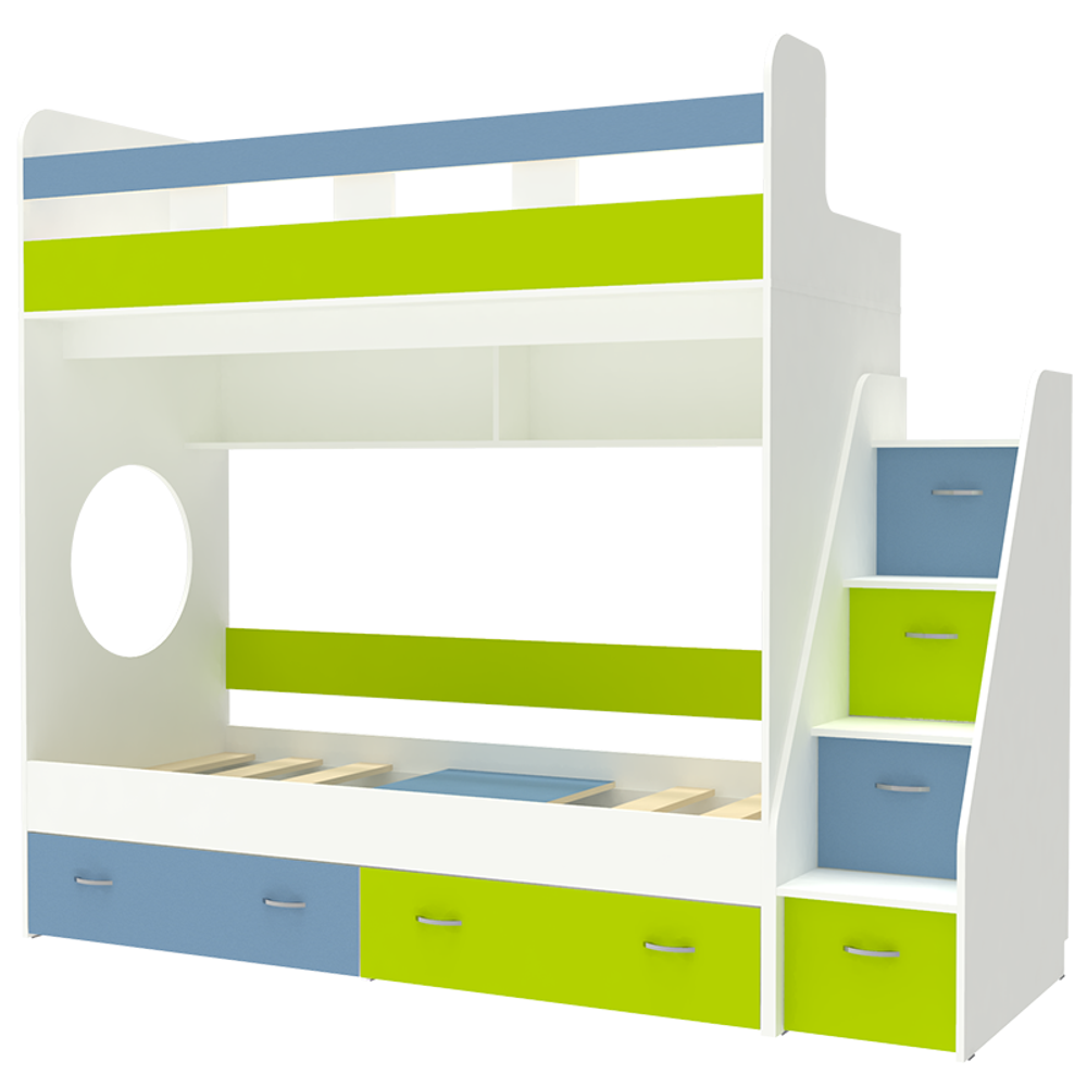 Двухъярусная кровать КарИВи Юниор 1 80x160 Белый  Голубой, Лайм