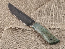 Нож "Леший", дамасская сталь, рукоять зеленая стабилизированная карельская береза