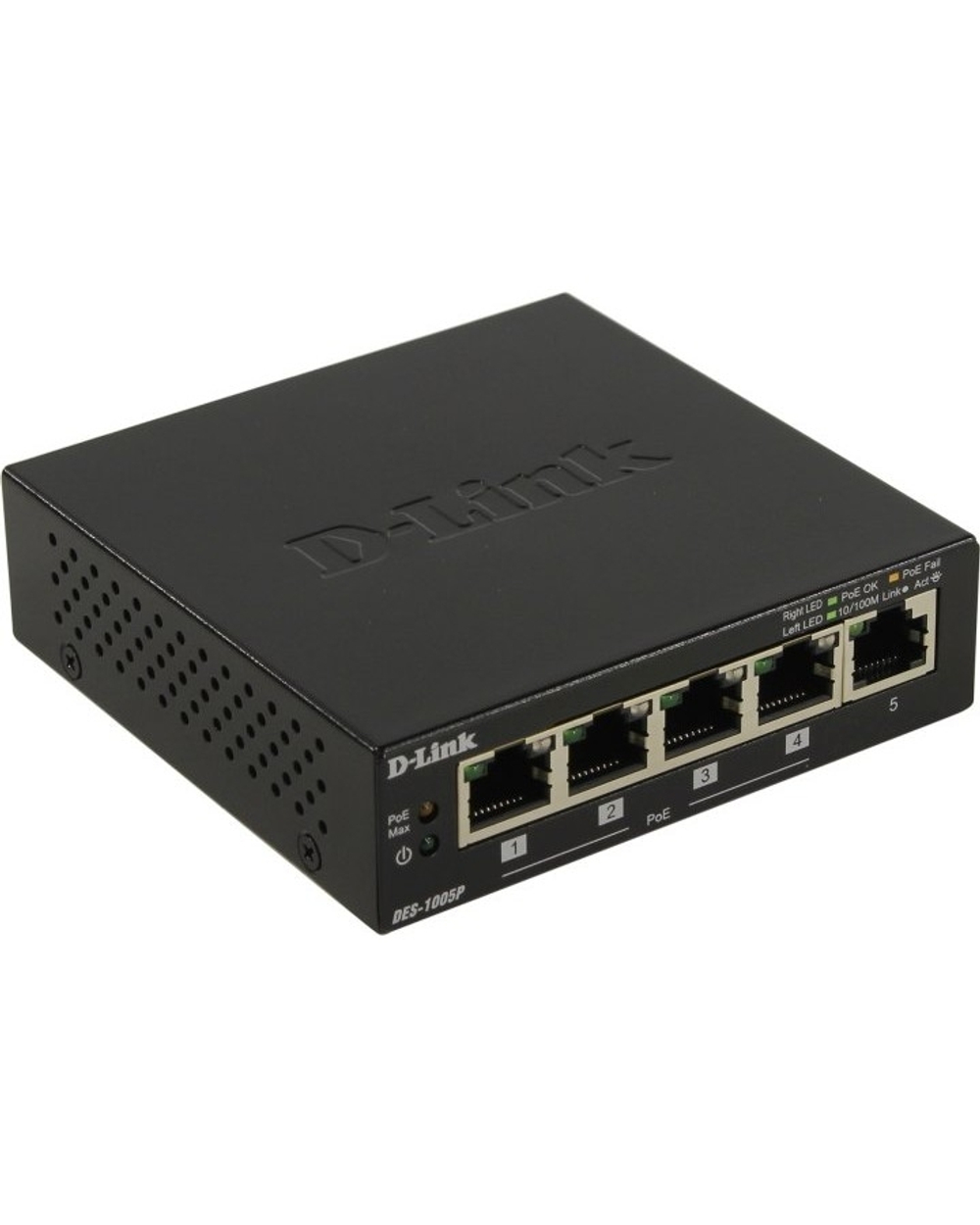 D-Link DES-1005P/B1A Неуправляемый коммутатор с 5 портами 10/100Base-TX, функцией энергосбережения и поддержкой QoS (4 порта с поддержкой PoE 802.3af/802.3at (30 Вт), PoE-бюджет 60 Вт)