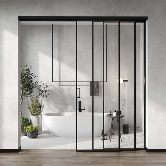 Алюминиевая стеклянная перегородка Каскад AG 1 чёрный матовый стекло прозрачное в интерьере