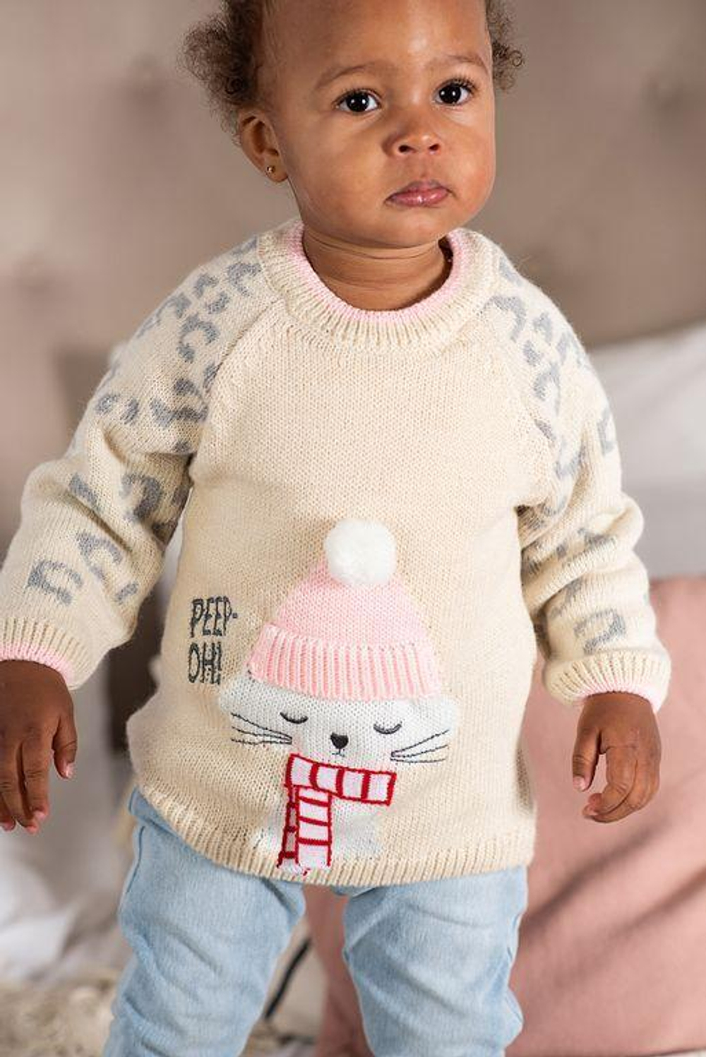 Джемпер для девочек "Кошка в шапке" р-р 74-80, молочный/бежевый 2148