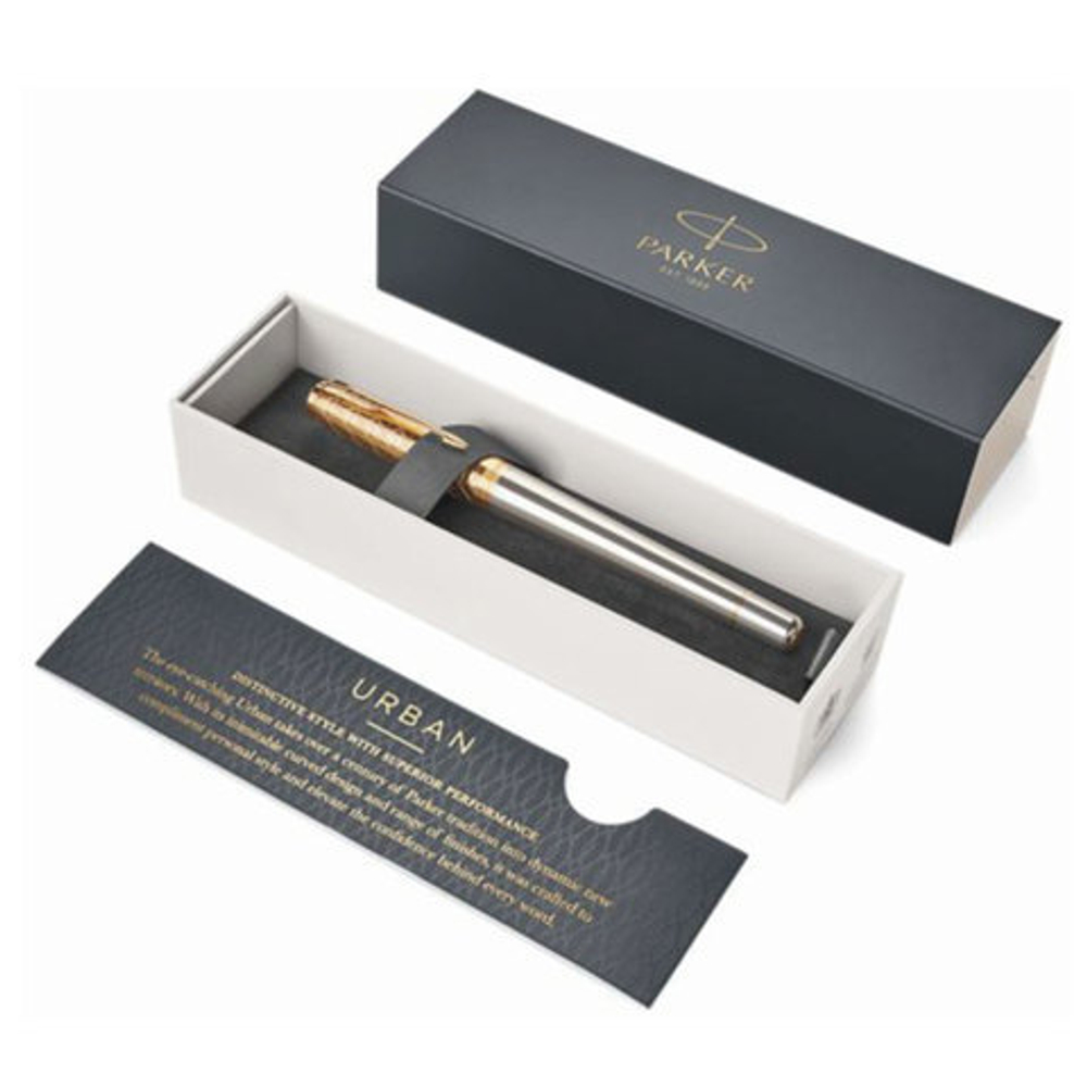 Ручка-роллер PARKER "Urban Premium Aureate Powder GT", корпус серебристый, позолоченные детали, черная, 1931574